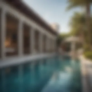 Serene outdoor setting of a hotel room with pool