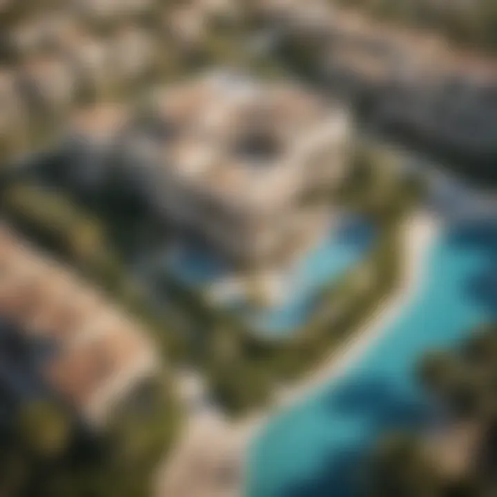 Aerial view of a luxury villa community in Dubai highlighting amenities like pools and gardens