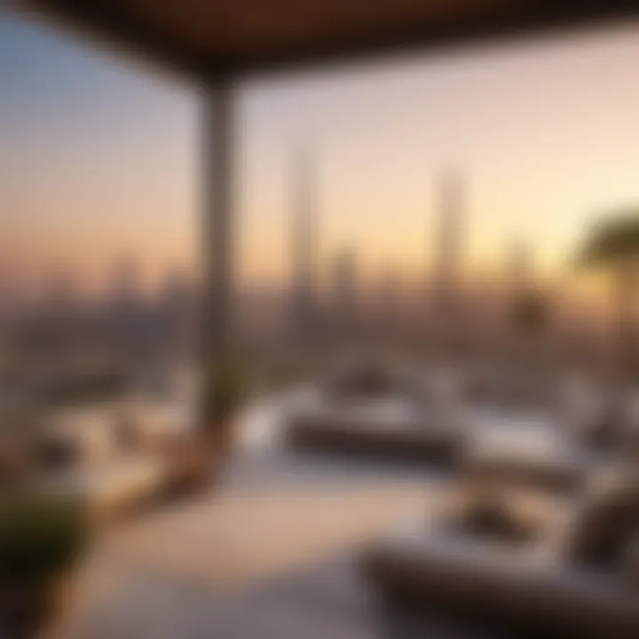 Beautiful outdoor terrace of a villa overlooking the Dubai skyline at sunset