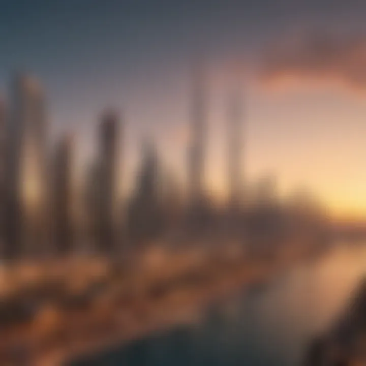 Panoramic view of Dubai skyline at sunset